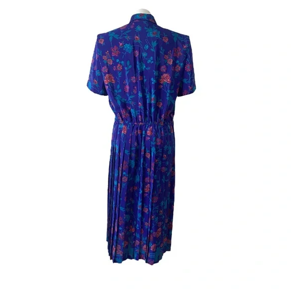 Vintage 1990s LESLIE FAY Floral Pleated retro Multicolored swing Dress sz 16 - Picture 5 of 11